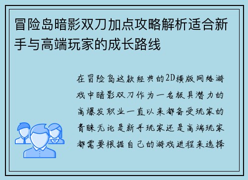 冒险岛暗影双刀加点攻略解析适合新手与高端玩家的成长路线