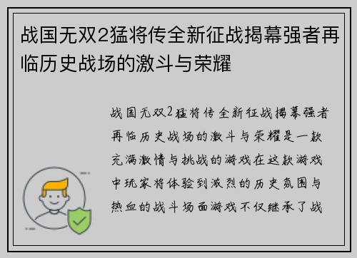 战国无双2猛将传全新征战揭幕强者再临历史战场的激斗与荣耀